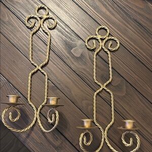 Pair of Gold Metal Wall Braided Candle Holders